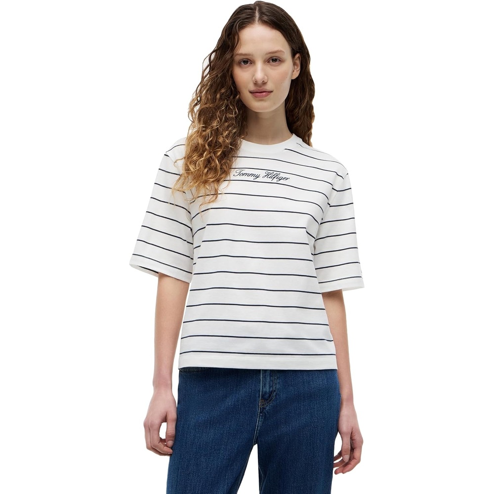 image:imageTommy Hilfiger Womens Short Sleeve Cotton Graphic Logo Crew Neck TShirtsFine Stripe Ecru  Dark Night Navy