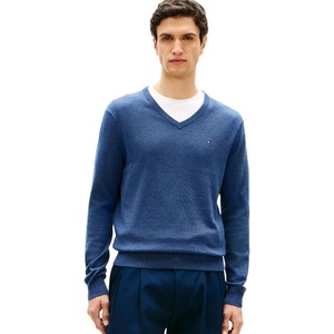 Tommy Hilfiger Men’s Cotton Solid V Neck Sweater Lightweight Pullover(Aegean Sea Heather)