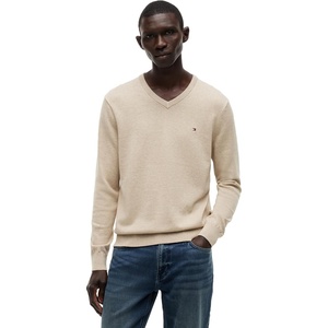 Tommy Hilfiger Men’s Cotton Solid V Neck Sweater Lightweight Pullover(Batique Khaki Heather)