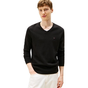 Tommy Hilfiger Men’s Cotton Solid V Neck Sweater Lightweight Pullover(Black)