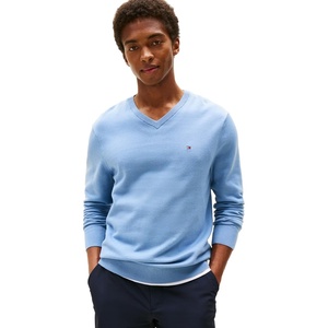 Tommy Hilfiger Men’s Cotton Solid V Neck Sweater Lightweight Pullover(Breezy Blue)
