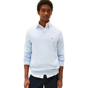 Tommy Hilfiger Men’s Cotton Solid V Neck Sweater Lightweight Pullover(Brisk Blue)