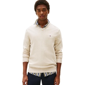 Tommy Hilfiger Men’s Cotton Solid V Neck Sweater Lightweight Pullover(Heathered Oatmilk)
