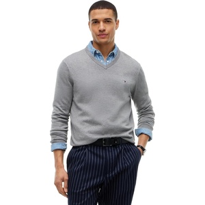 Tommy Hilfiger Men’s Cotton Solid V Neck Sweater Lightweight Pullover(Medium Grey Heather)