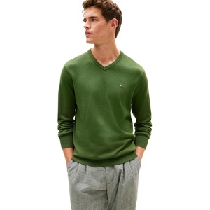 Tommy Hilfiger Men’s Cotton Solid V Neck Sweater Lightweight Pullover(Mountain Pine)