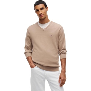 Tommy Hilfiger Men’s Cotton Solid V Neck Sweater Lightweight Pullover(Safari Canvas)