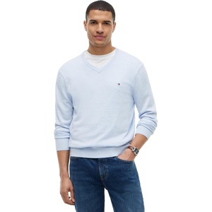 Tommy Hilfiger Men’s Cotton Solid V Neck Sweater Lightweight Pullover(Sky Blue Heather)