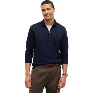 Tommy Hilfiger Men’s Long Sleeve Zip Polo Shirts in Regular Fit with Liquid Cotton(Navy Blue)