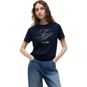 Tommy Hilfiger Women’s Short Sleeve Cotton Graphic Logo Crew Neck T-Shirts(Dark Night Navy/Multi)