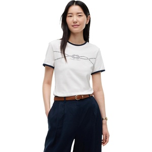 Tommy Hilfiger Women’s Short Sleeve Cotton Graphic Logo Crew Neck T-Shirts(Ecru/Dark Night Navy)