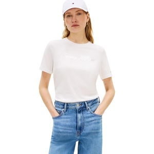 Tommy Hilfiger Women’s Short Sleeve Cotton Graphic Logo Crew Neck T-Shirts(Ecru/Silver)