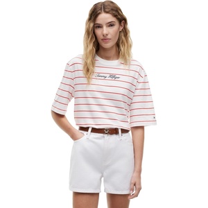 Tommy Hilfiger Women’s Short Sleeve Cotton Graphic Logo Crew Neck T-Shirts(Fine Stripe Ecru / Fire Red)
