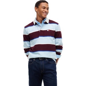 Tommy Jeans Men’s Long Sleeve Cotton Rugby Polo Shirt in Relaxed Fit(Calypso Berry Stripe)