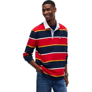 Tommy Jeans Men’s Long Sleeve Cotton Rugby Polo Shirt in Relaxed Fit(Scarlet Flare Stripe)