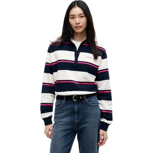 Tommy Jeans Women’s Long Sleeve Casual Cotton Rugby Polo Shirt in Relaxed Fit(Off White / Stripe)