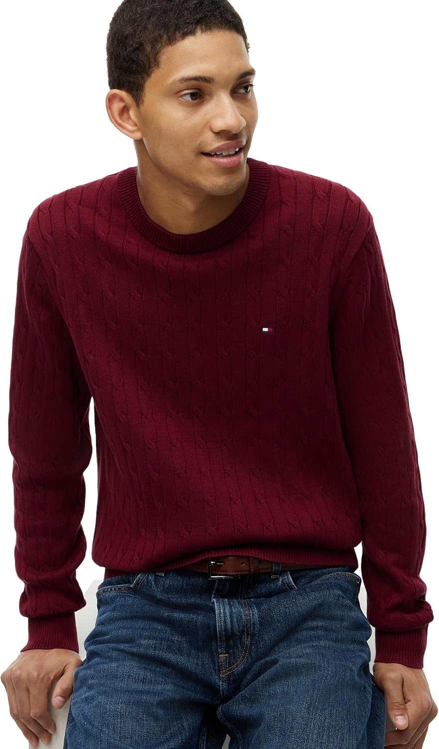 image:imageTommy Hilfiger Mens Cable Knit Crewneck Sweater Lightweight PulloverBurgundy