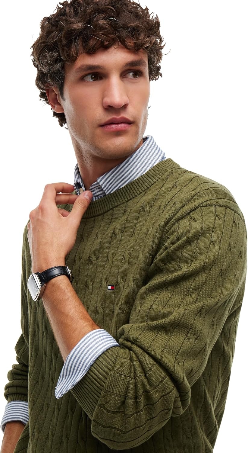 image:imageTommy Hilfiger Mens Cable Knit Crewneck Sweater Lightweight PulloverHuntsman Green