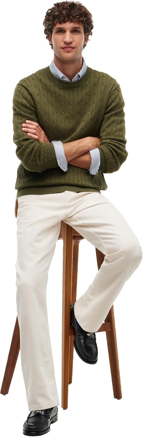 image:imageTommy Hilfiger Mens Cable Knit Crewneck Sweater Lightweight PulloverHuntsman Green