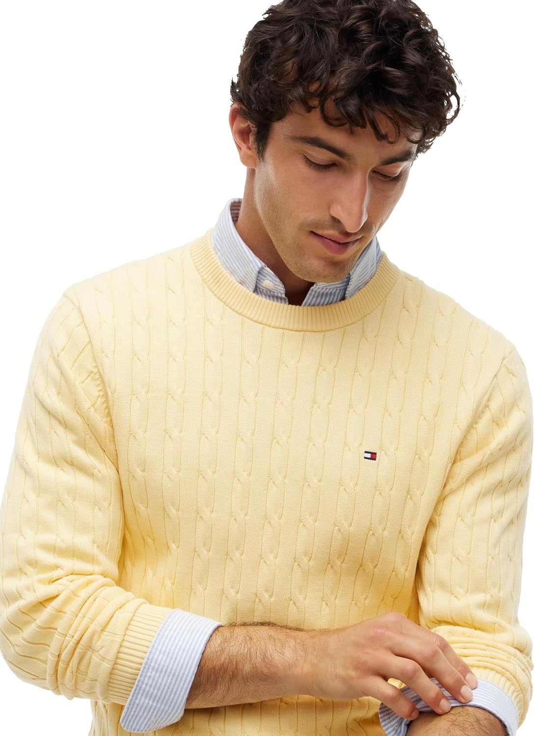 image:imageTommy Hilfiger Mens Cable Knit Crewneck Sweater Lightweight PulloverLight Daffodil
