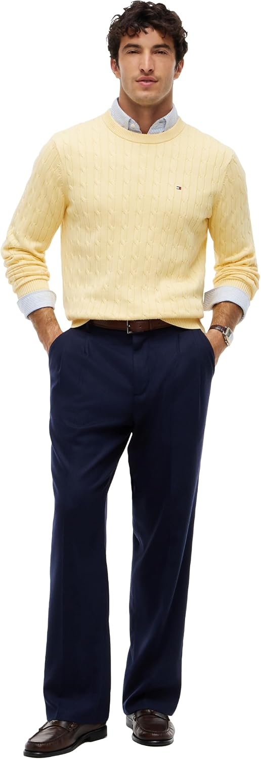 image:imageTommy Hilfiger Mens Cable Knit Crewneck Sweater Lightweight PulloverLight Daffodil