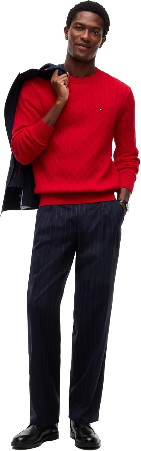 image:imageTommy Hilfiger Mens Cable Knit Crewneck Sweater Lightweight PulloverMedium Red