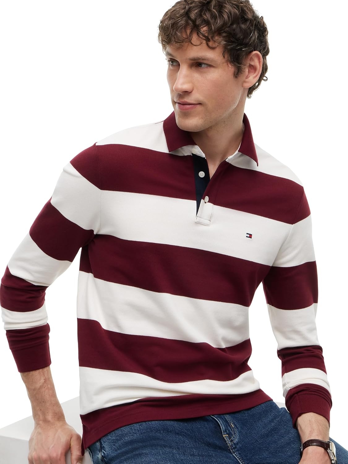 image:imageTommy Hilfiger Mens Casual Cotton Rugby Polo Shirt with StretchBurgundy Ivory Petal