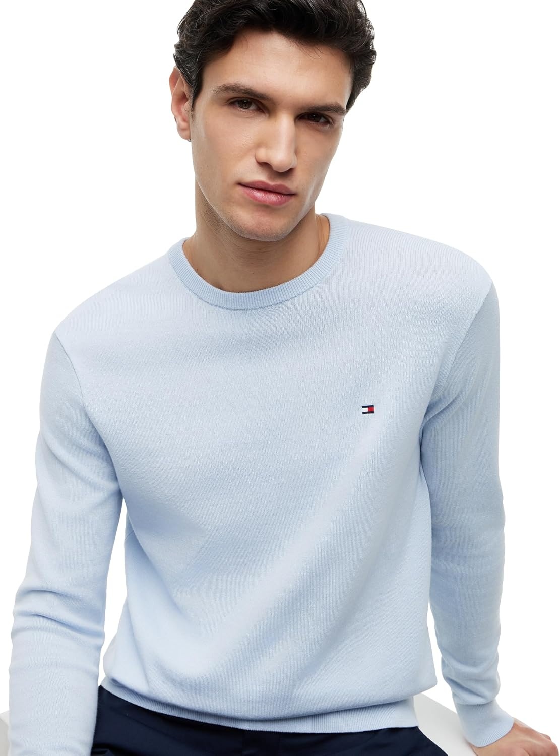 image:imageTommy Hilfiger Mens Cotton Solid Crewneck Sweater Lightweight Pullover Also Available in Big amp TallBreezy Blue