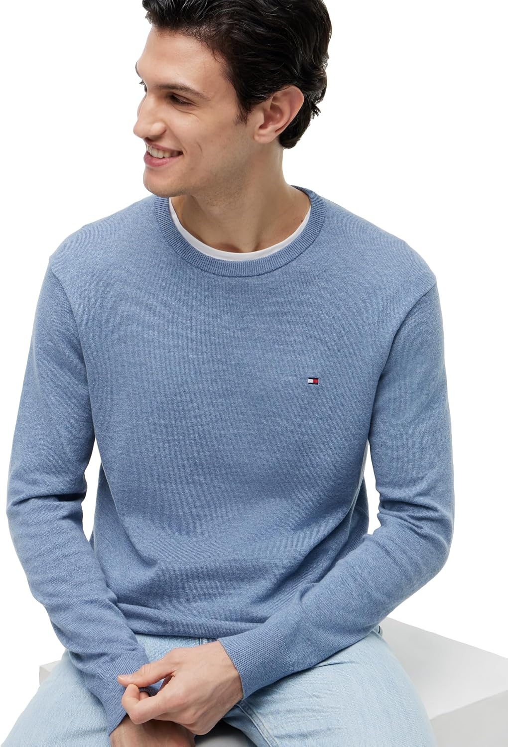 image:imageTommy Hilfiger Mens Cotton Solid Crewneck Sweater Lightweight Pullover Also Available in Big amp TallBrisk Blue Heather