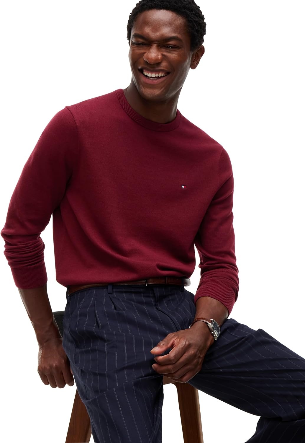 image:imageTommy Hilfiger Mens Cotton Solid Crewneck Sweater Lightweight Pullover Also Available in Big amp TallBurgundy
