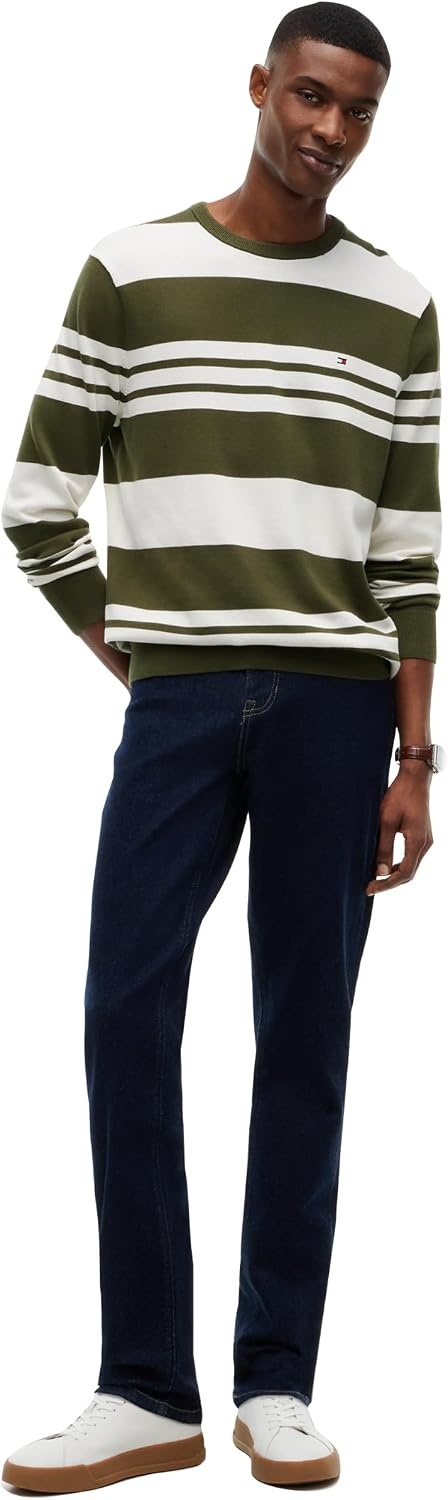 image:imageTommy Hilfiger Mens Cotton Solid Crewneck Sweater Lightweight Pullover Also Available in Big amp TallHuntsman GreenIvory Petal