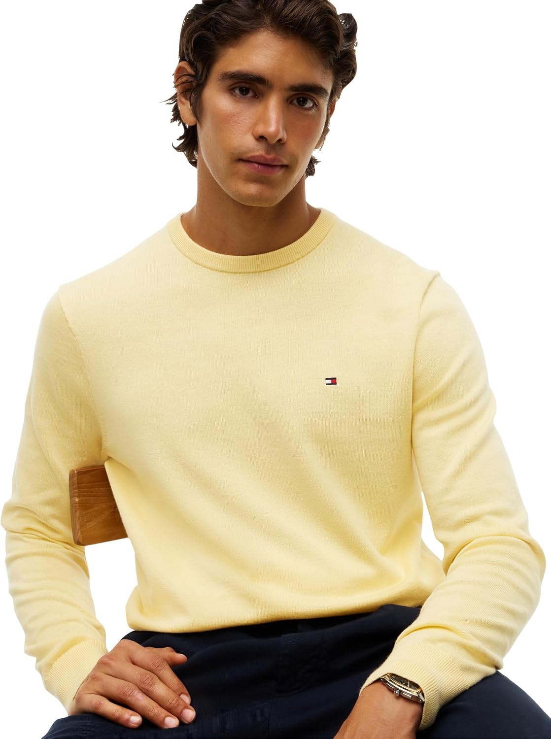 image:imageTommy Hilfiger Mens Cotton Solid Crewneck Sweater Lightweight Pullover Also Available in Big amp TallLight Daffodil