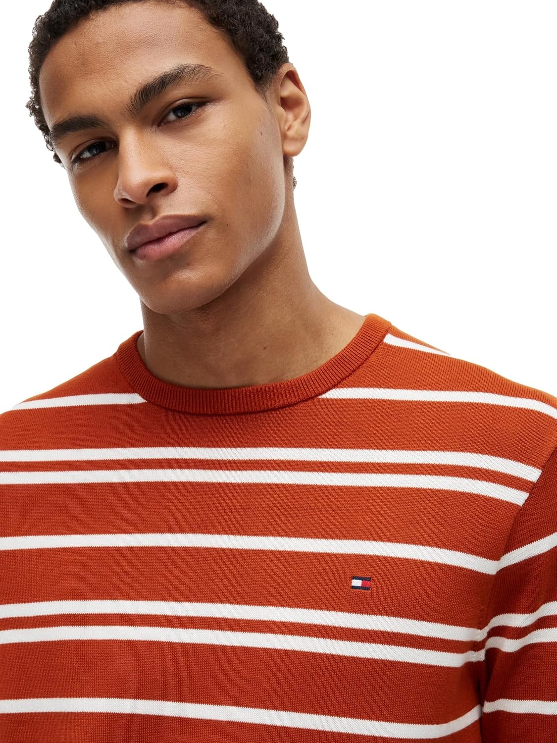 image:imageTommy Hilfiger Mens Cotton Solid Crewneck Sweater Lightweight Pullover Also Available in Big amp TallRusty Ochre Ivory Petal