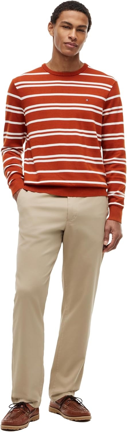 image:imageTommy Hilfiger Mens Cotton Solid Crewneck Sweater Lightweight Pullover Also Available in Big amp TallRusty Ochre Ivory Petal