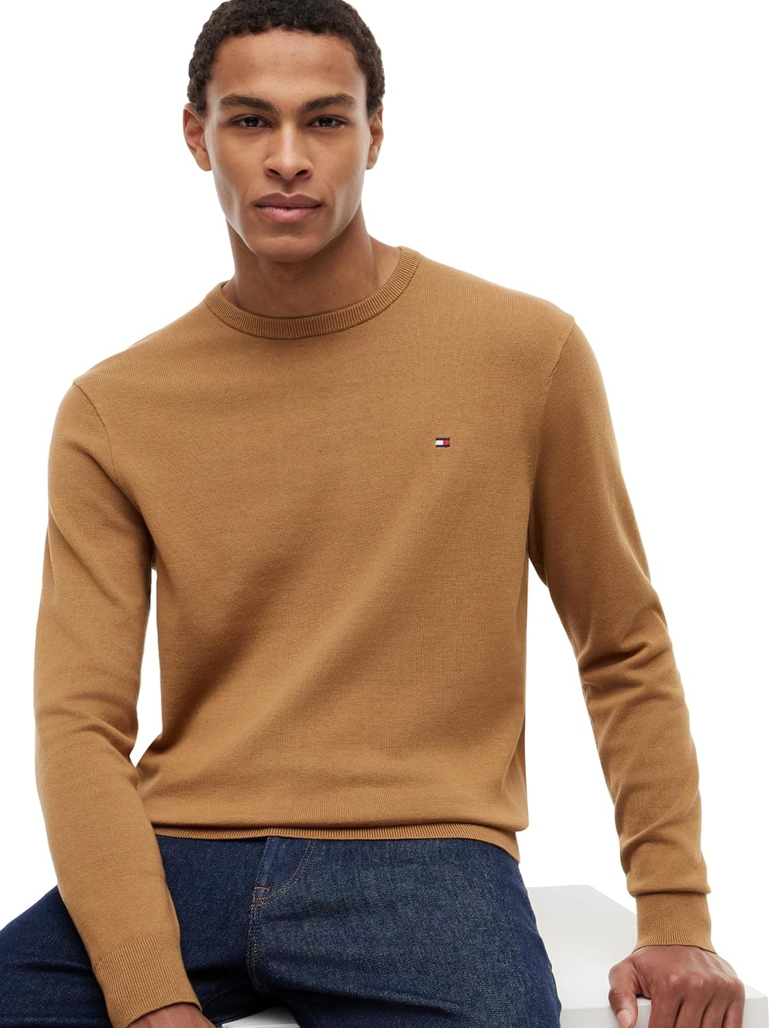 image:imageTommy Hilfiger Mens Cotton Solid Crewneck Sweater Lightweight Pullover Also Available in Big amp TallSahara