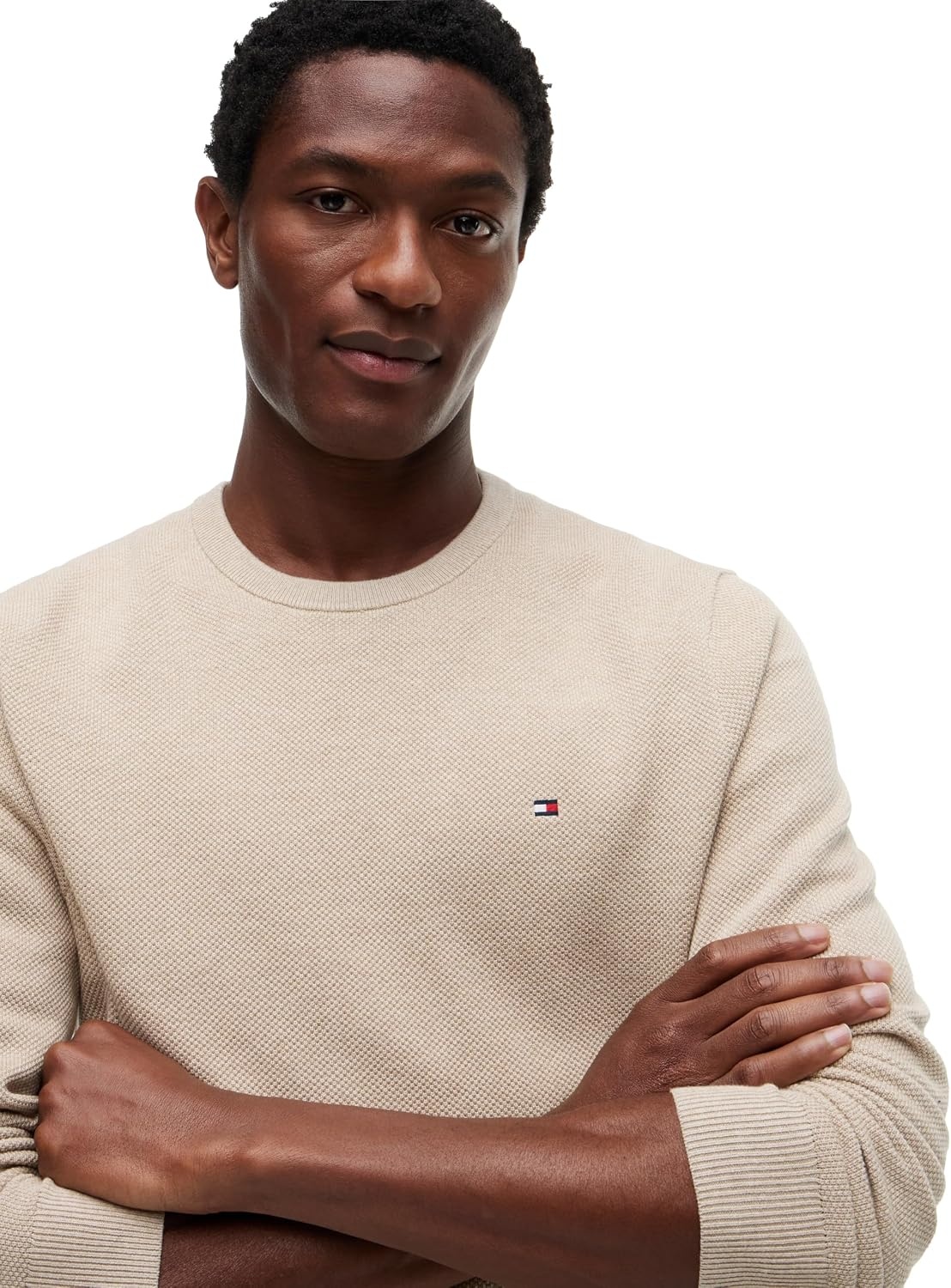 image:imageTommy Hilfiger Mens Cotton Solid Structured Crewneck Sweater PulloverBatique Khaki Heather