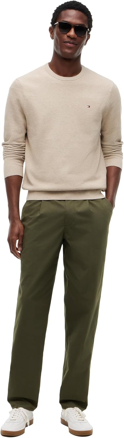 image:imageTommy Hilfiger Mens Cotton Solid Structured Crewneck Sweater PulloverBatique Khaki Heather