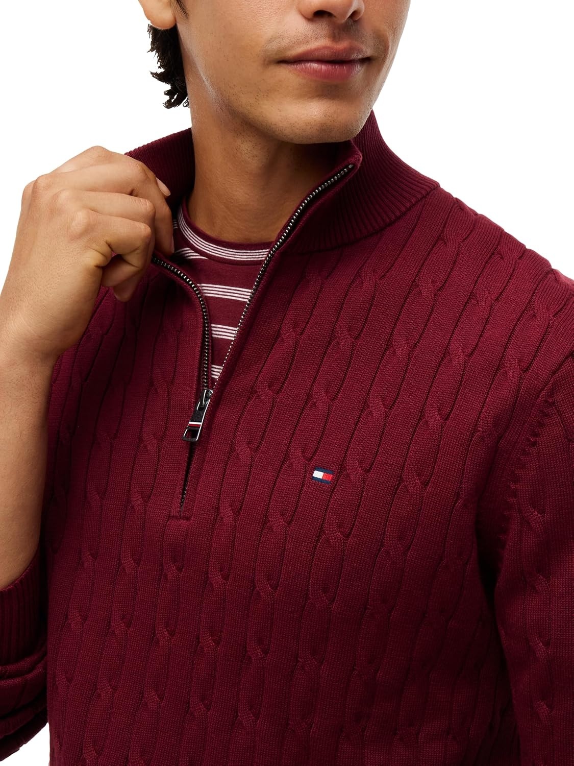 image:imageTommy Hilfiger Mens Lightweight Cable Pullover Quarter Zip SweaterBurgundy