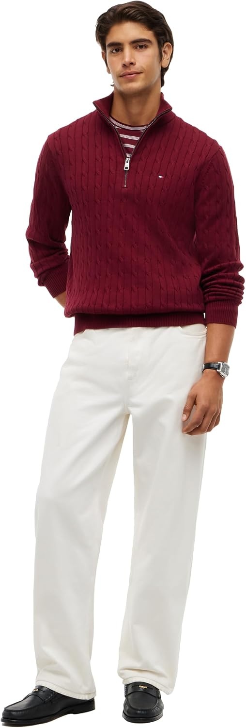 image:imageTommy Hilfiger Mens Lightweight Cable Pullover Quarter Zip SweaterBurgundy
