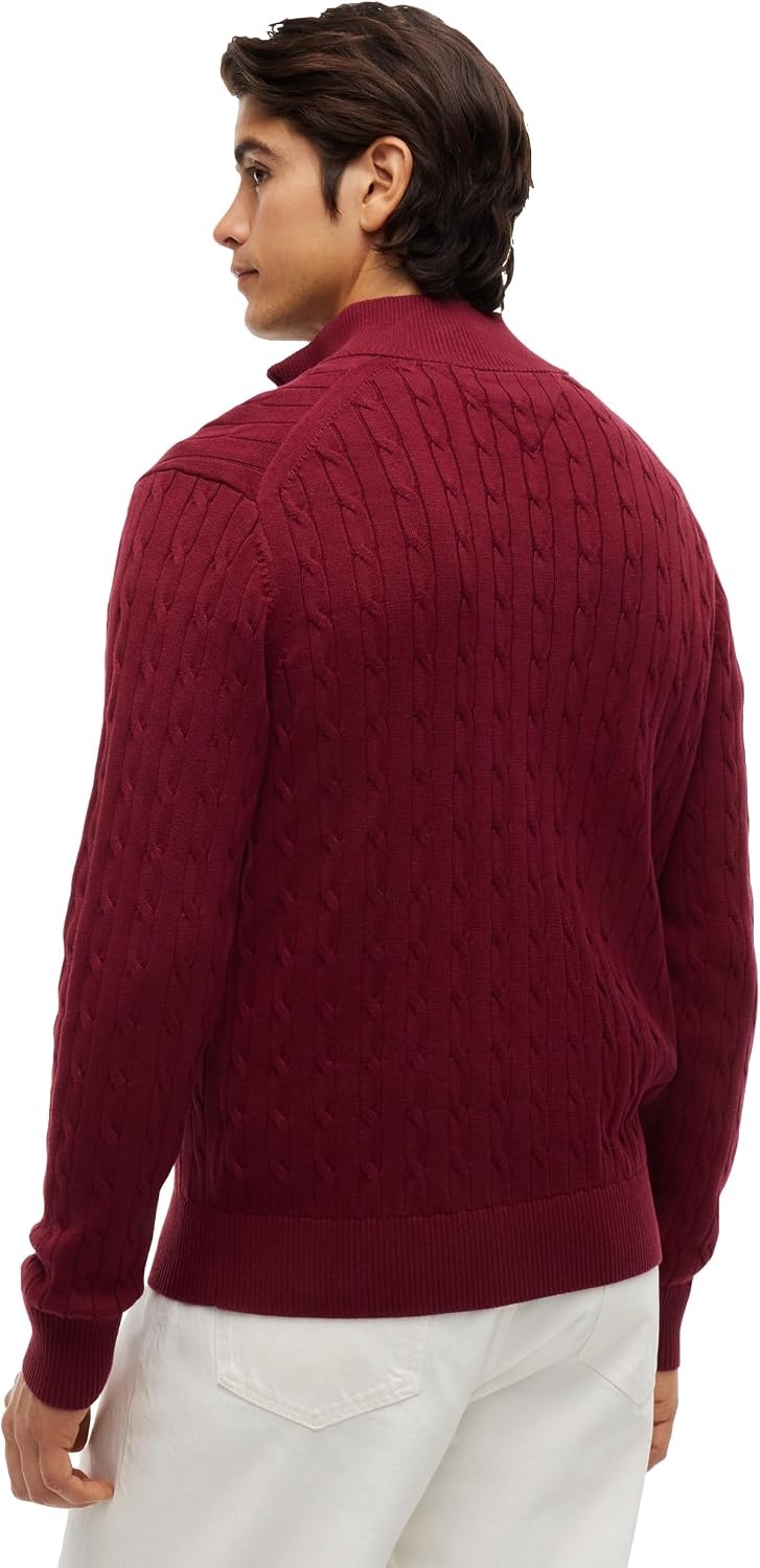 image:imageTommy Hilfiger Mens Lightweight Cable Pullover Quarter Zip SweaterBurgundy