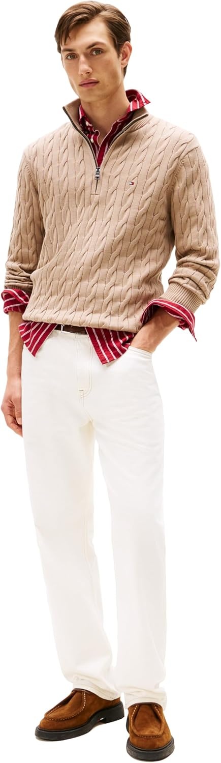 image:imageTommy Hilfiger Mens Lightweight Cable Pullover Quarter Zip SweaterCoastal Taupe