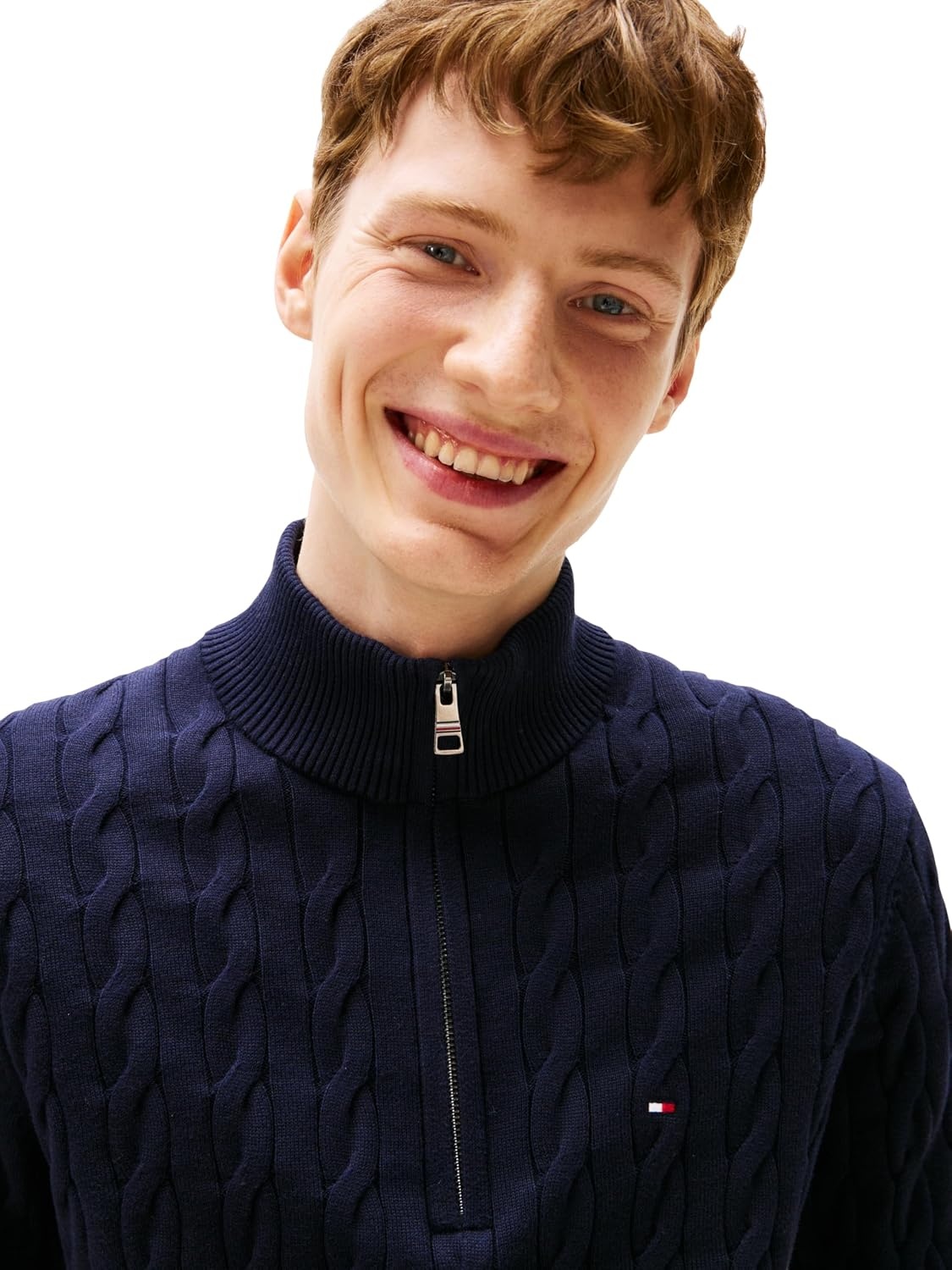 image:imageTommy Hilfiger Mens Lightweight Cable Pullover Quarter Zip SweaterDesert Sky