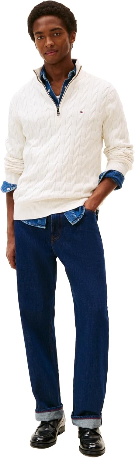 image:imageTommy Hilfiger Mens Lightweight Cable Pullover Quarter Zip SweaterIvory Petal