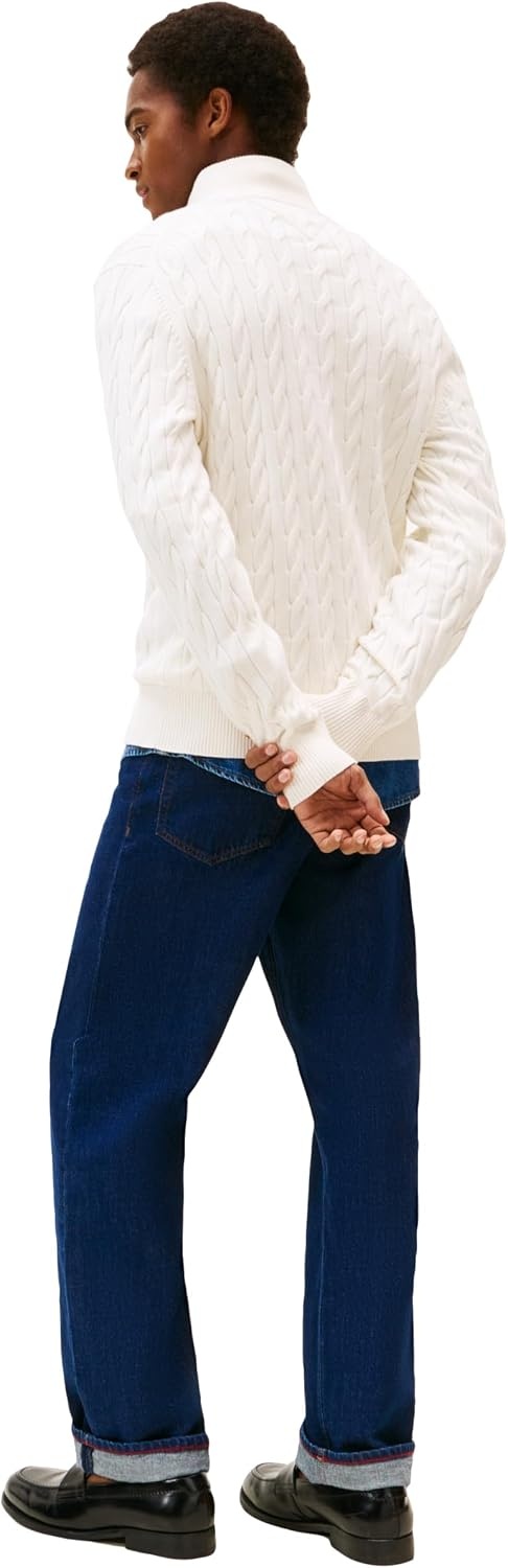image:imageTommy Hilfiger Mens Lightweight Cable Pullover Quarter Zip SweaterIvory Petal