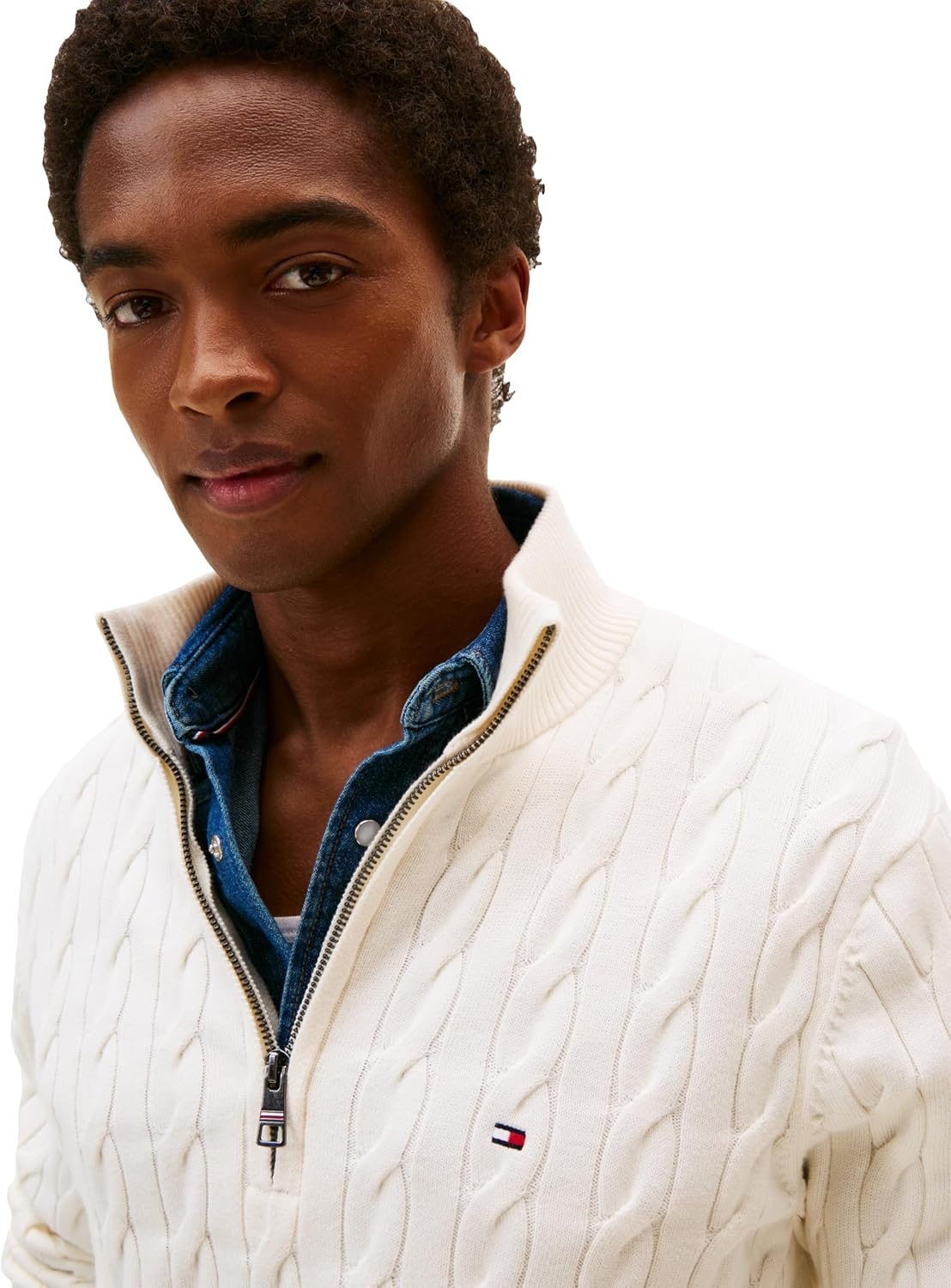 image:imageTommy Hilfiger Mens Lightweight Cable Pullover Quarter Zip SweaterIvory Petal