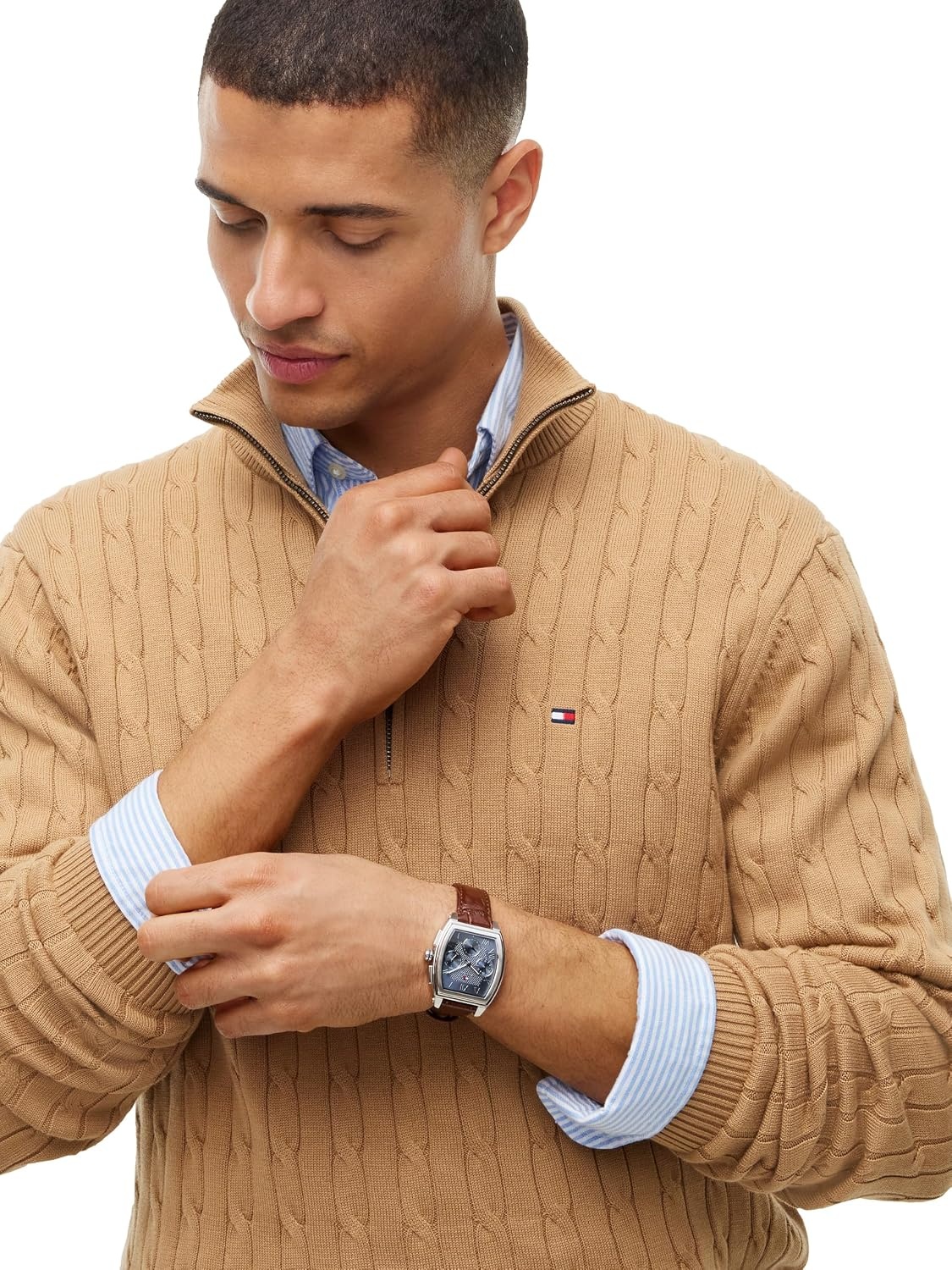 image:imageTommy Hilfiger Mens Lightweight Cable Pullover Quarter Zip SweaterSafari Canvas