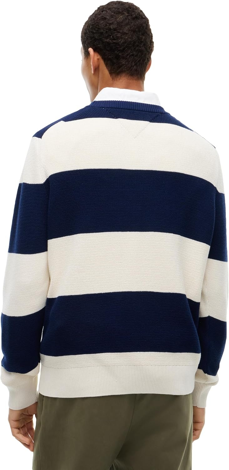 image:imageTommy Hilfiger Mens Lightweight Cotton Crewneck Graphic Pullover SweaterCarbon NavyIvory Petal