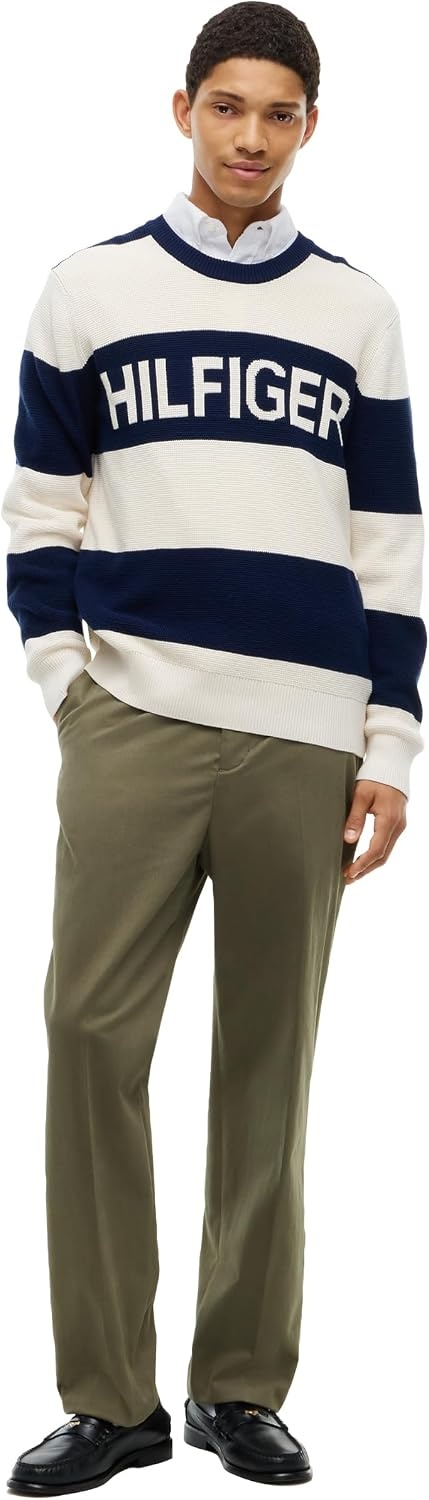 image:imageTommy Hilfiger Mens Lightweight Cotton Crewneck Graphic Pullover SweaterCarbon NavyIvory Petal