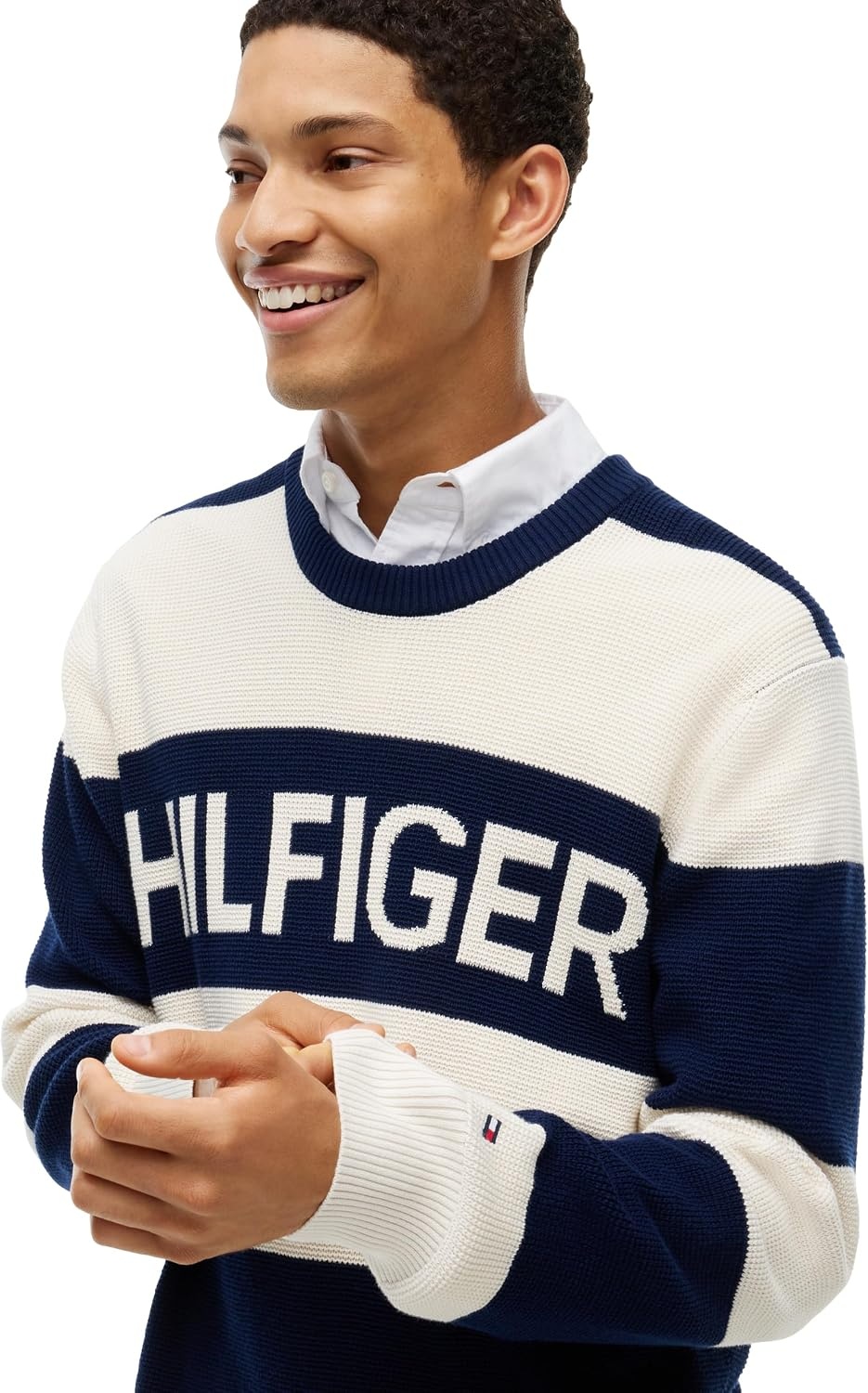 image:imageTommy Hilfiger Mens Lightweight Cotton Crewneck Graphic Pullover SweaterCarbon NavyIvory Petal