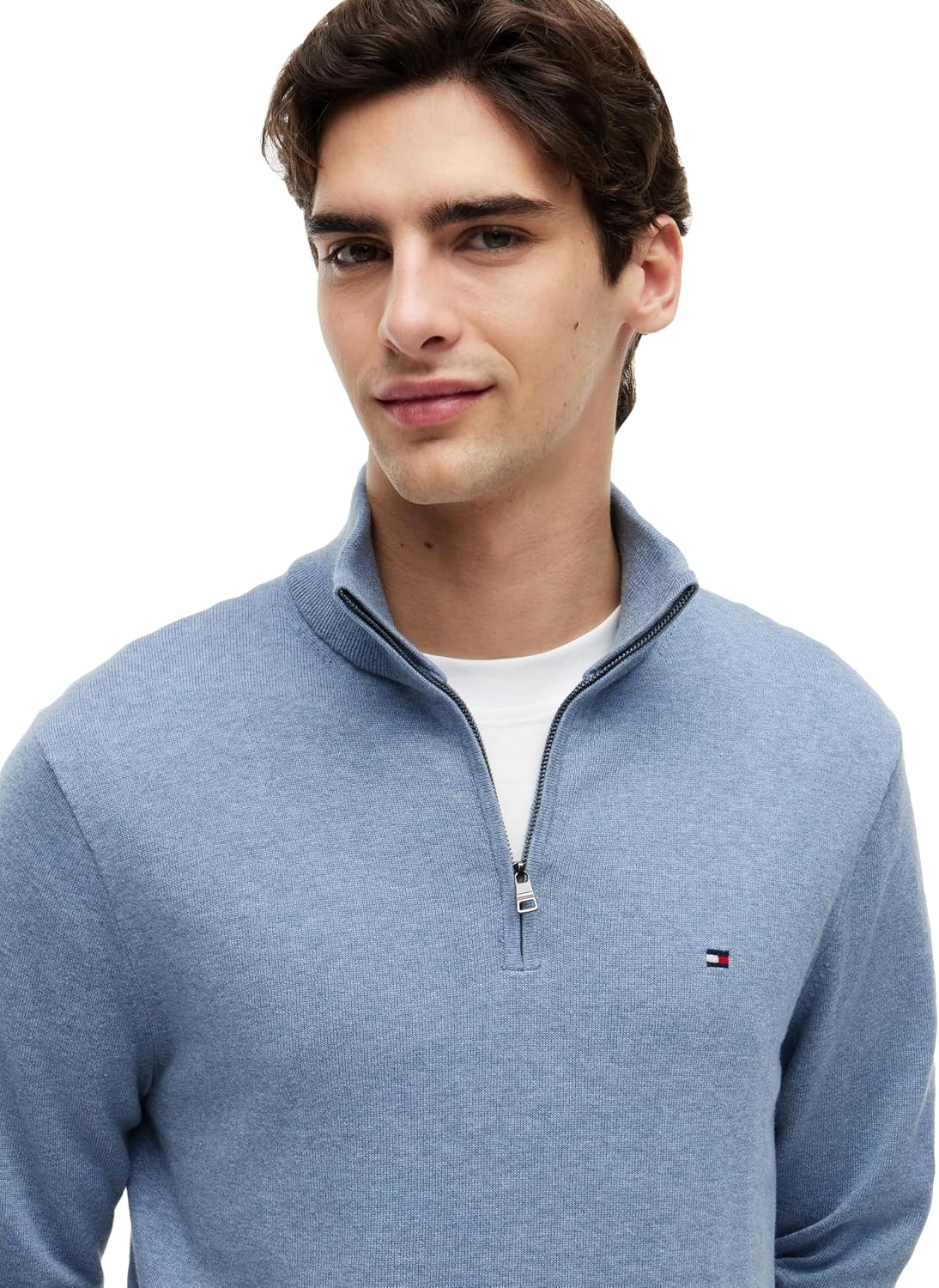 image:imageTommy Hilfiger Mens Lightweight Pullover Quarter Zip SweaterBrisk Blue Heather