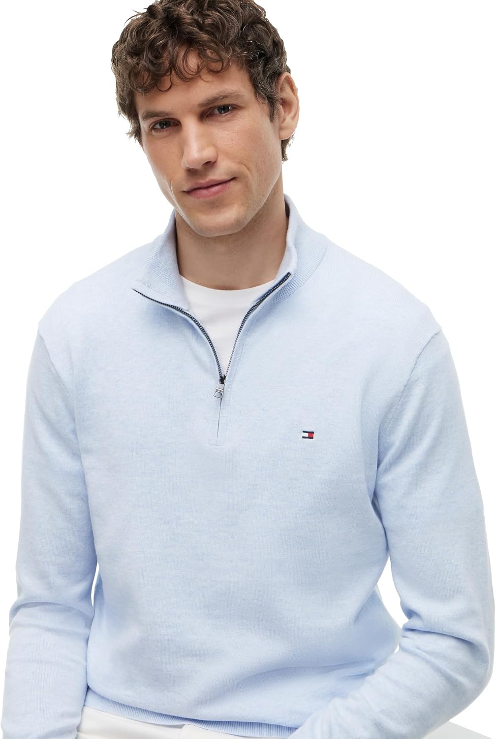 image:imageTommy Hilfiger Mens Lightweight Pullover Quarter Zip SweaterSky Blue Heather